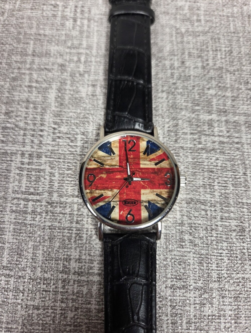 Union Jack British Flag Watch Black Leather Strap